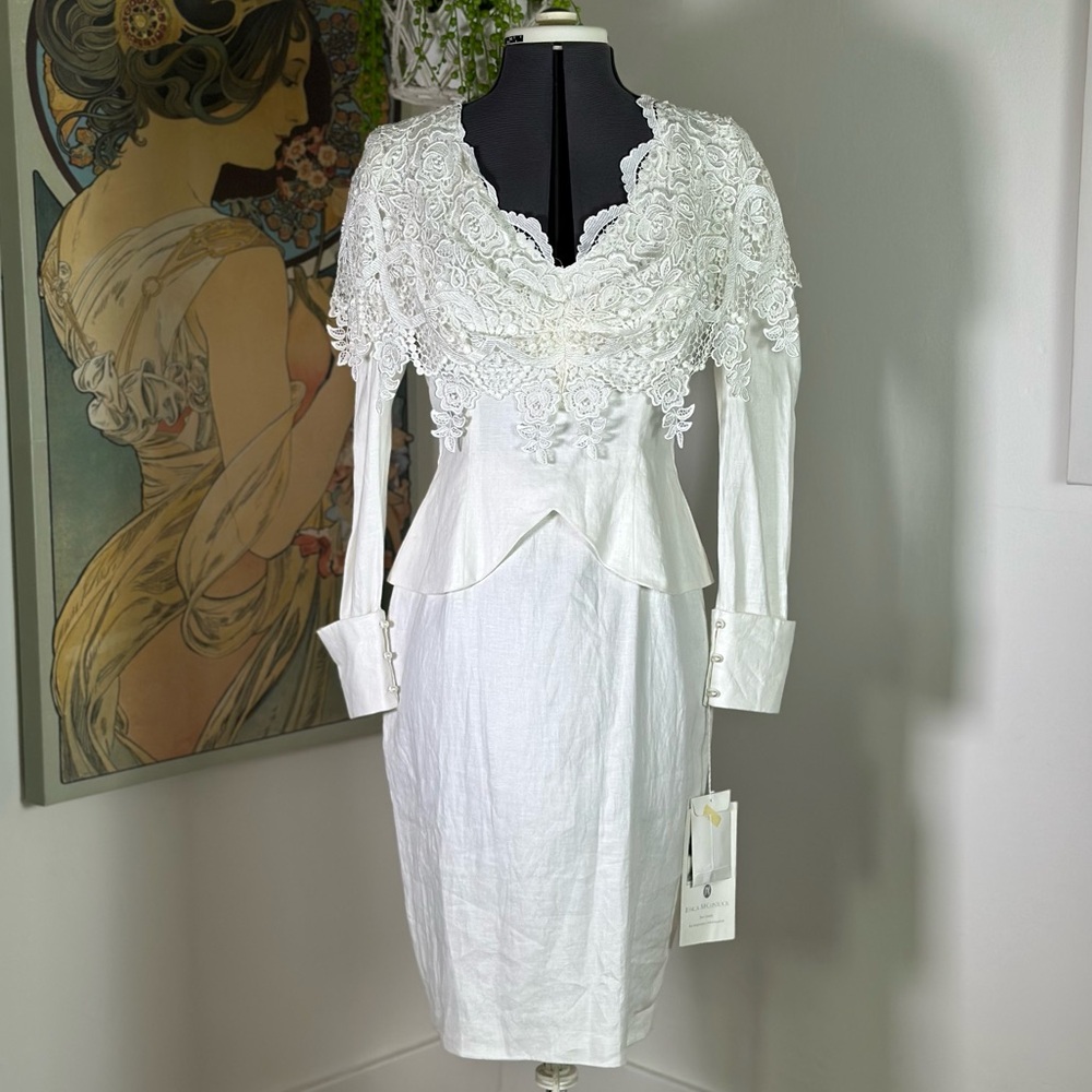 NWT Women’s Deadstock Jessica McClintock Linen Off White Long Sleeve Linen Dress
